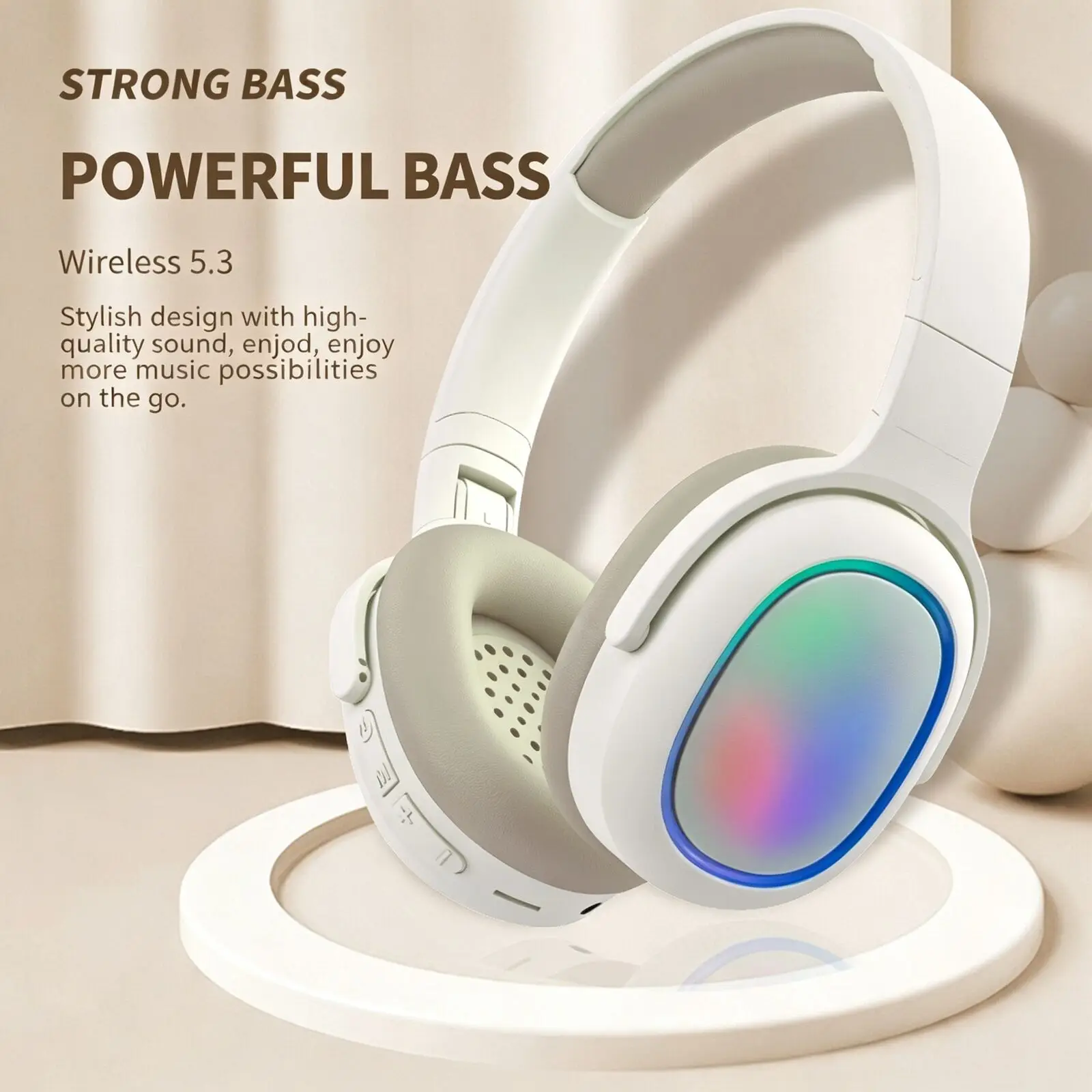 

Wireless Bluetooth Tri Mode 5.3 Headworn Headphones RGB Luminous Long Battery Life Foldable 3.5mm Wired & TF Card Pink Headset