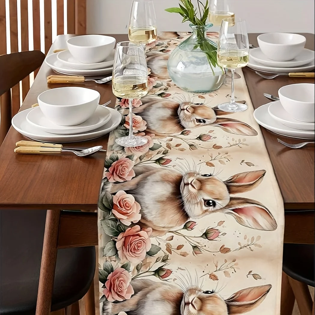 1 Piece Easter Bunny and Spring Flower Tablecloth, Suitable for Dinner Parties, Holiday Parties, Family Gatherings, Children's Activities, Themed Cafes, Home Decoration