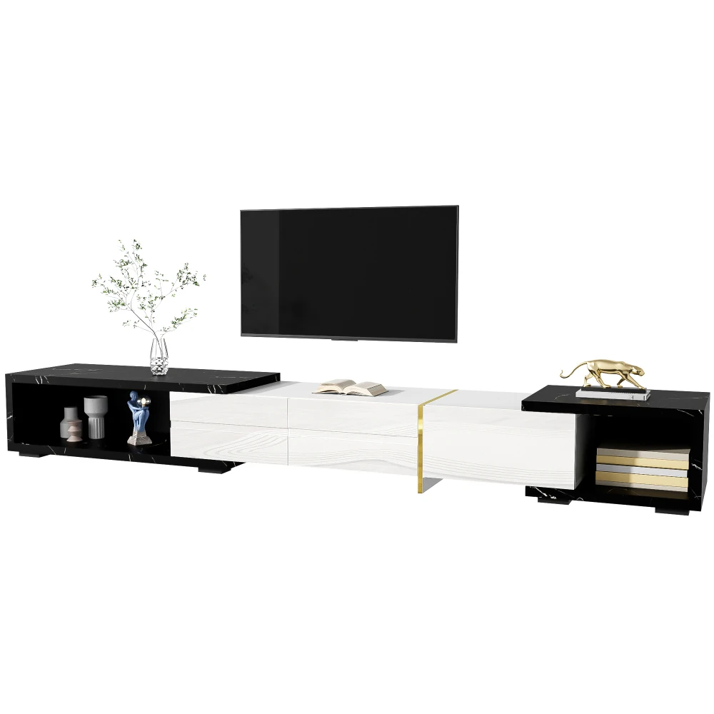 Mobile TV moderno con lunghezza variabile (140-260 cm), funzione girevole, finitura opaca bianca lucida e decorazioni dorate