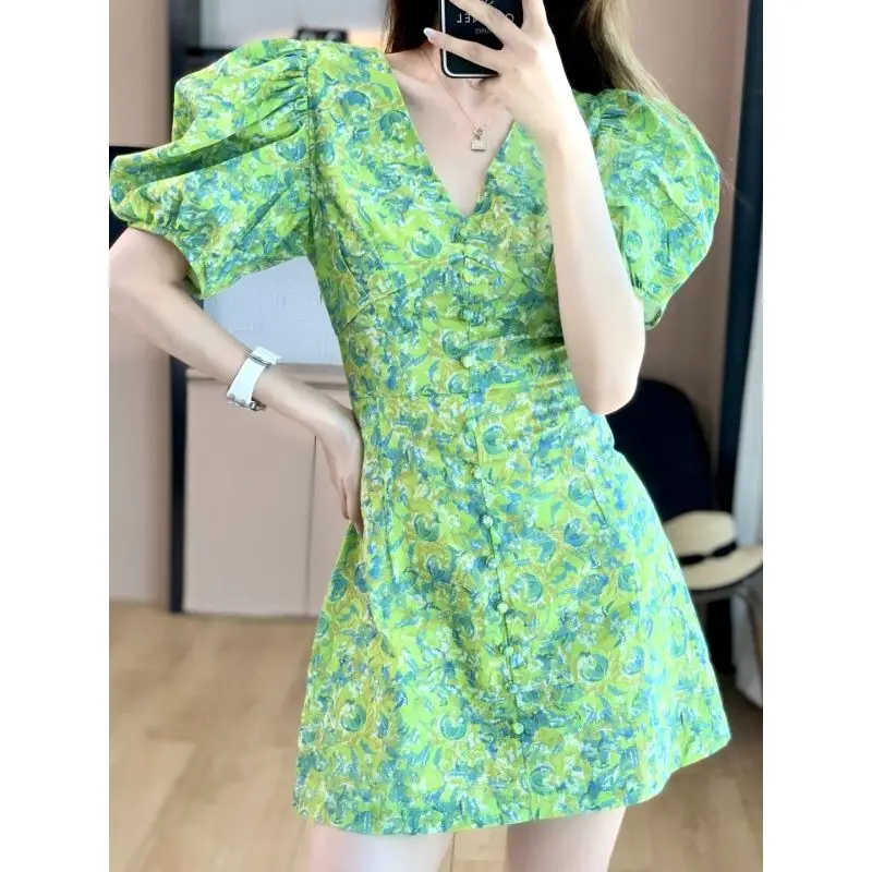 

Fashion V-Neck Button Printed Puff Sleeve Floral Dress Female Clothing Summer New Slim Office Lady Short Sleeve Dresses