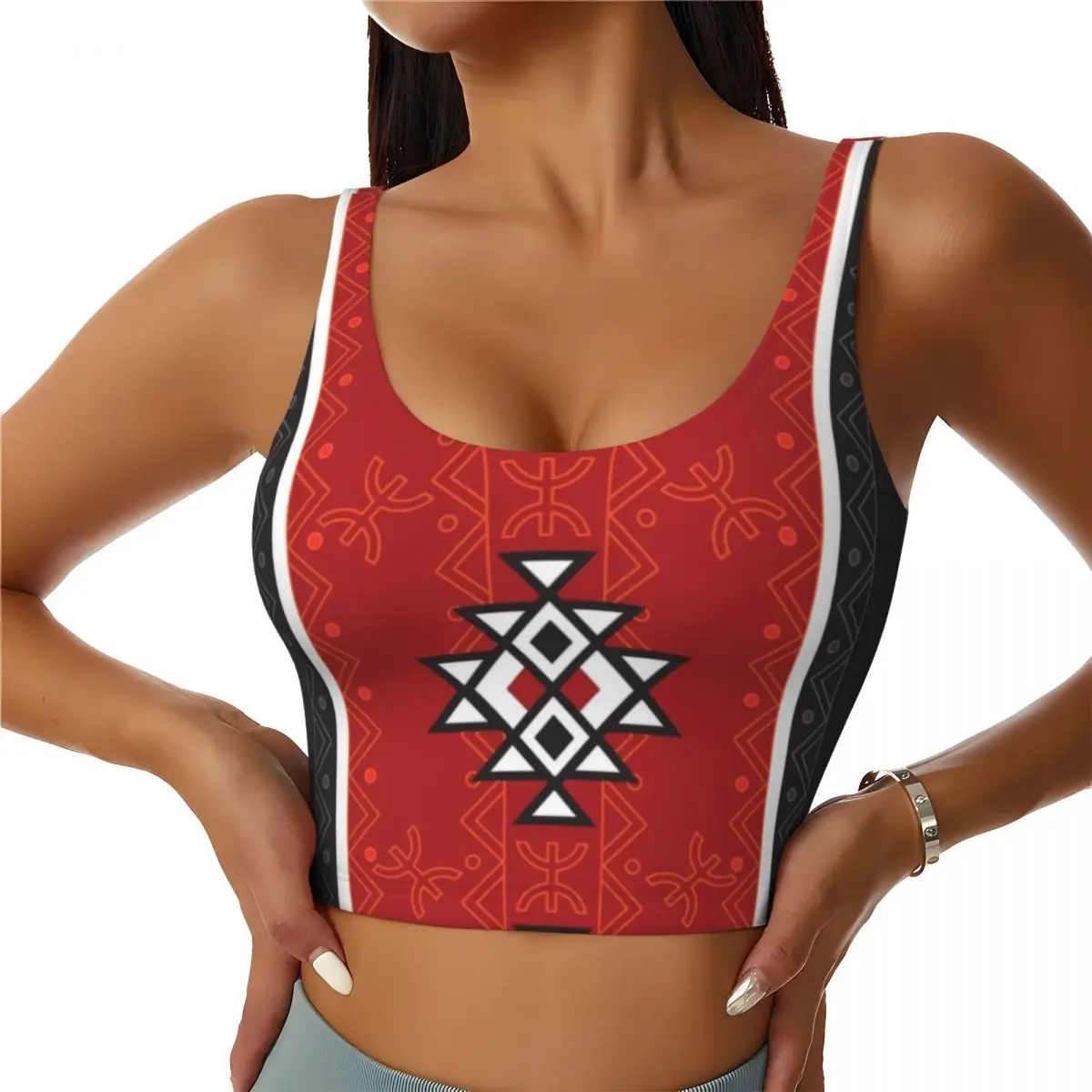 

Custom Kabyle Carpet Amazigh Ornament Sports Bra Women Africa Ethnic Geometric High Impact Workout Yoga Crop Top