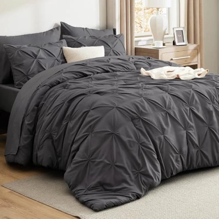 

Queen Comforter Set Dark Grey - Bed in a Bag Queen Size Bedding 7 Pieces GentleSoft Pintuck Bed Set Gift for Family Pinch Pleat
