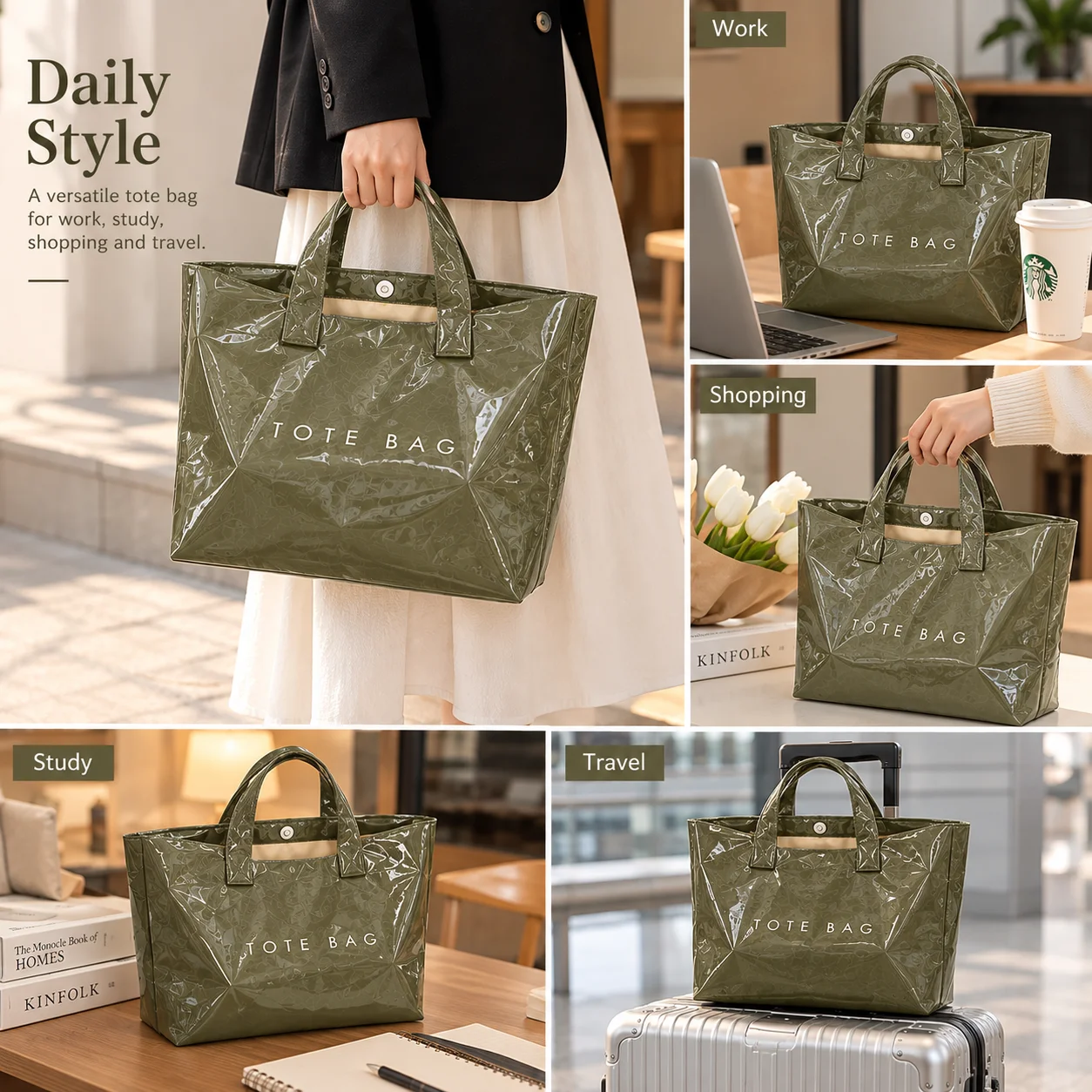 Women's Glossy PVC Tyvek Tote Bag Large Capacity Waterproof Handbag with Polyester Lining, Casual Handheld Shopper Bag for Work image 2