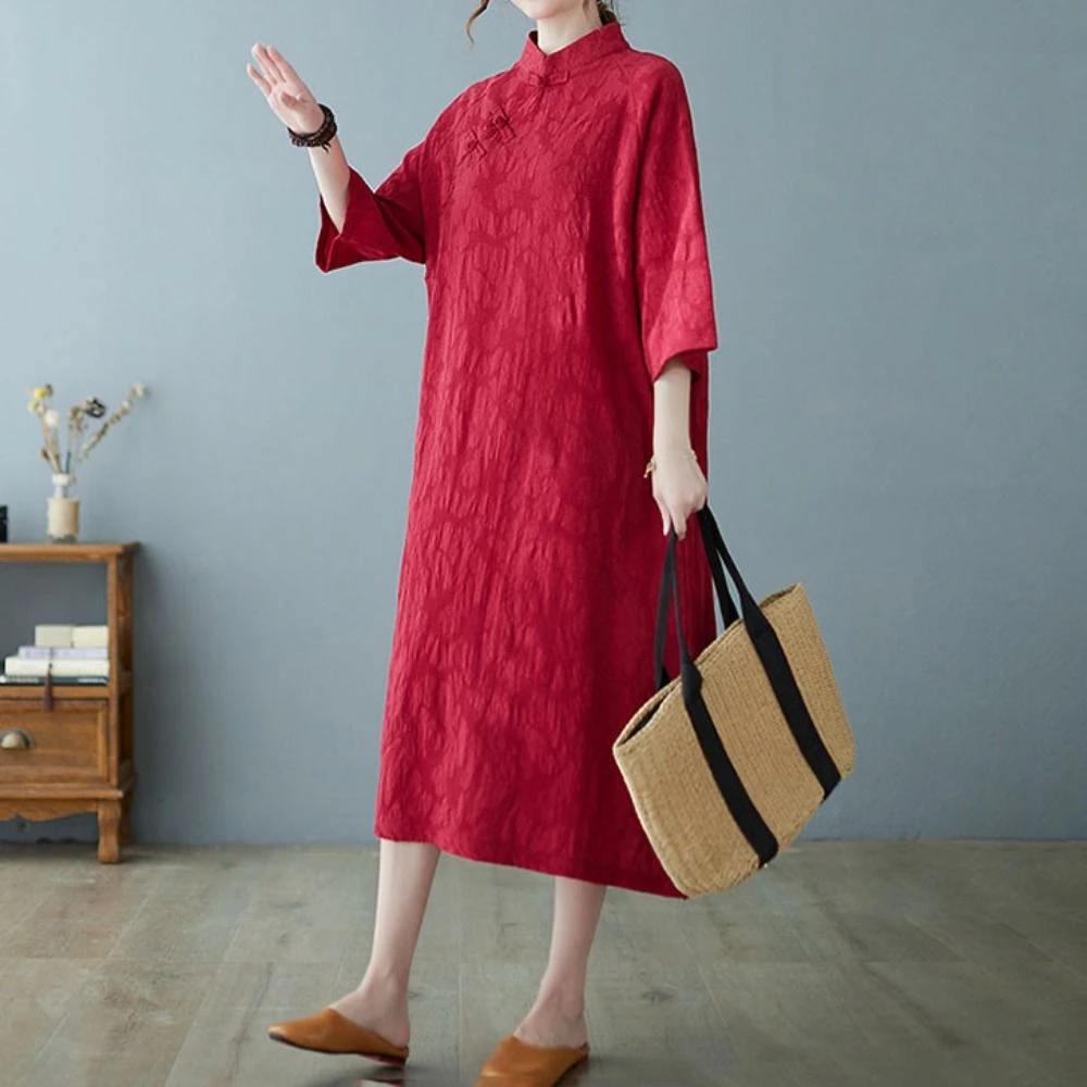 Chinese Stijl Vintage Gewaad Jurken Bloemen Kikker Gesp Katoen Linnen Jurk O-hals Dameskleding Jacquard Cheongsam