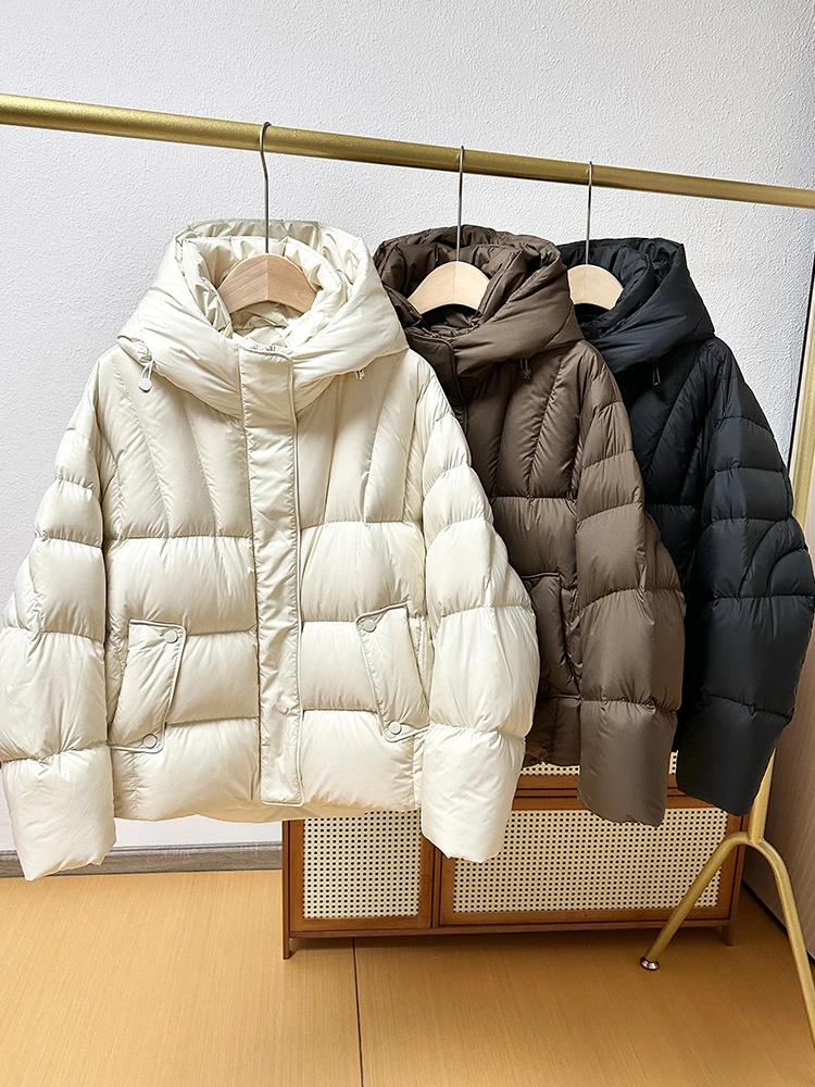 Oversize Women\'s Hooded down jacket 2024 Winter High quality Brown 90% long sleeve puffer coat Lady outwear Warm INKEO DJ008