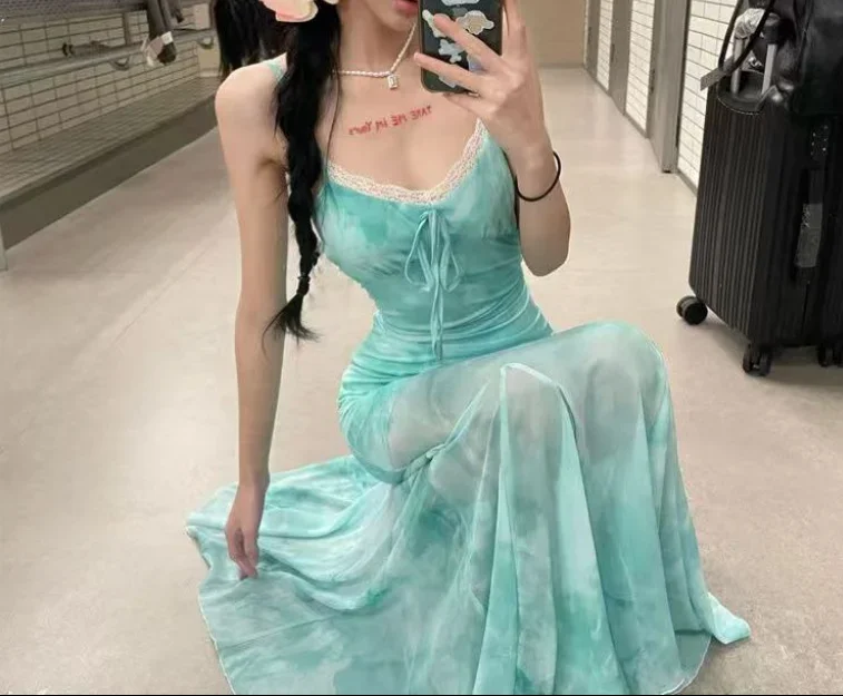 French Dress Fresh Mint Green Tie Dye Printed Mesh Suspender Long Dress Pure Desire Sexy Lace Patchwork Urban Fish Tail Dresses