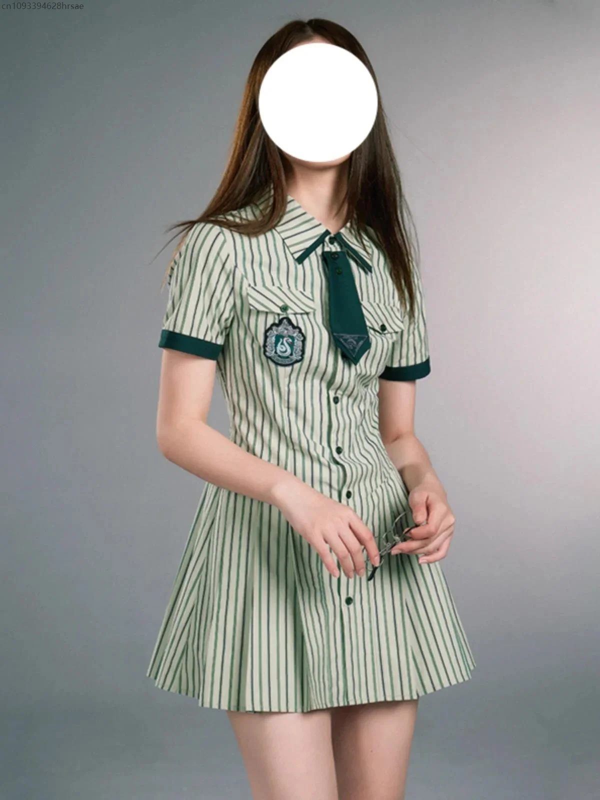 High Waist Pleated Skirt Two-piece Set Women American Preppy Style Green Striped Po lo Neck Short Sleeve Single-breasted Dress