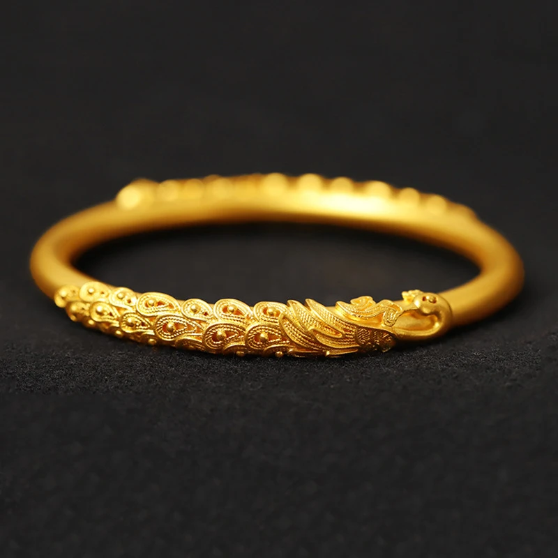 

Luxury 100% Real 24K Gold Heritage Peacock Bangle Dragon Phoenix Retro Filigree Peony Guifei Bracelet