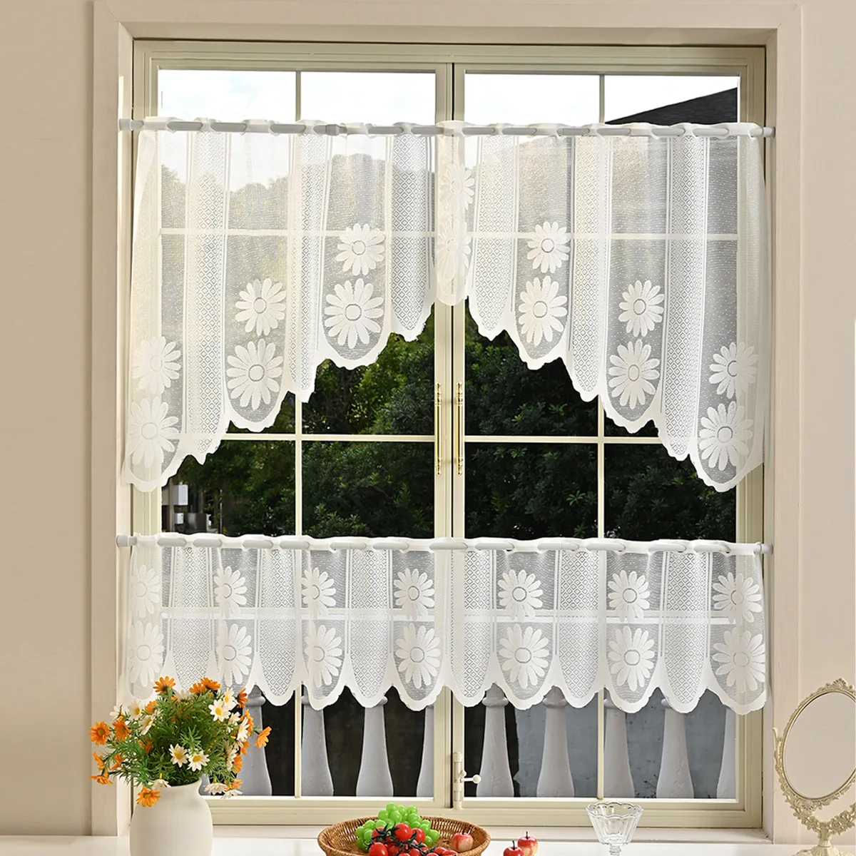 200034   Twin flower half curtain two-piece window screen woven lace curtain