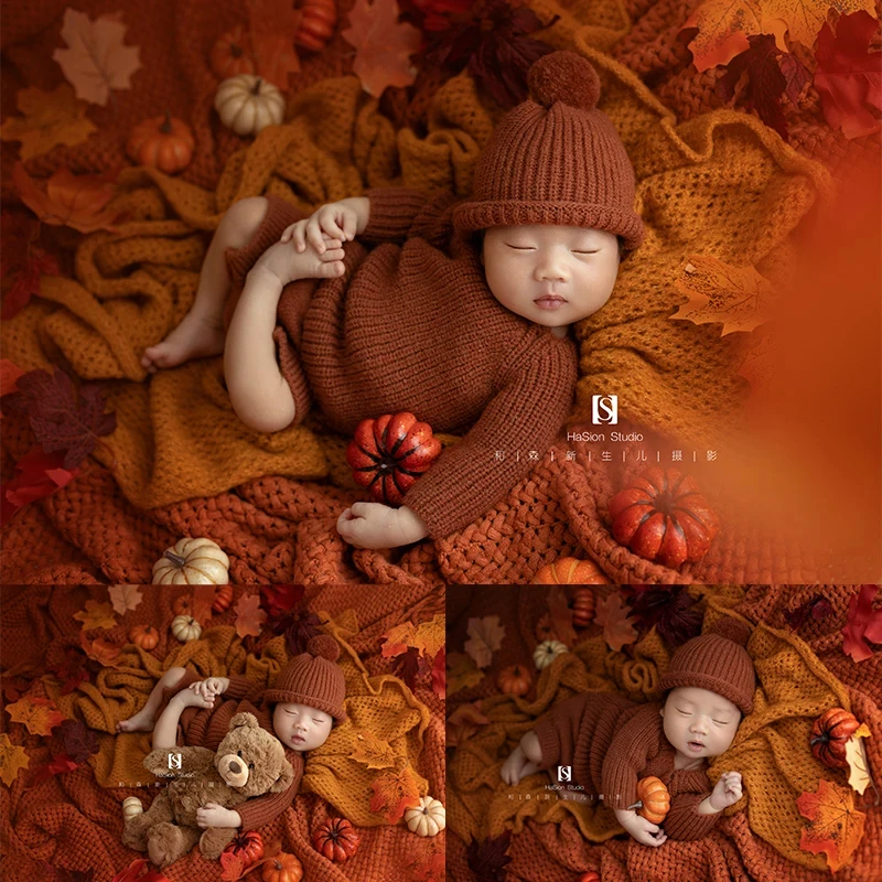 Newborn Photography Props Autumn Baby Knitted Jumpsuit + Hat 2pcs/Set Simulated Pumpkin Maple Leaf Accessory Baby Photo Clothing