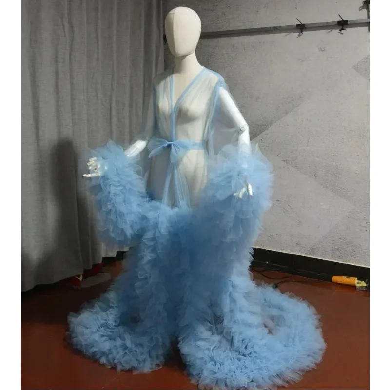 Women Dressing Gown Perspective Sheer Long Tulle Robe Puffy Pregnancy Maternity Dress for Baby Shower Nightgown Sleepwear custom view 3