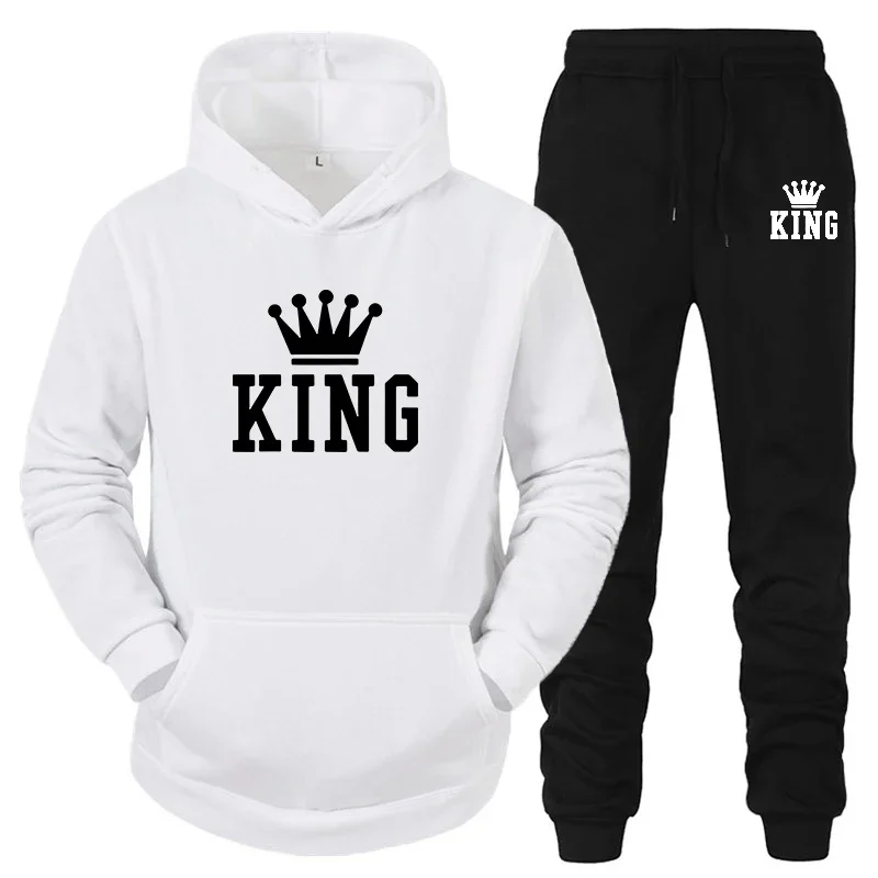 King Queen Couple Hooded Set Autumn Winter Warm Tracksuit+Sweatpants 2 Piece High Quality Jogging Mens Womens Casual Clothing