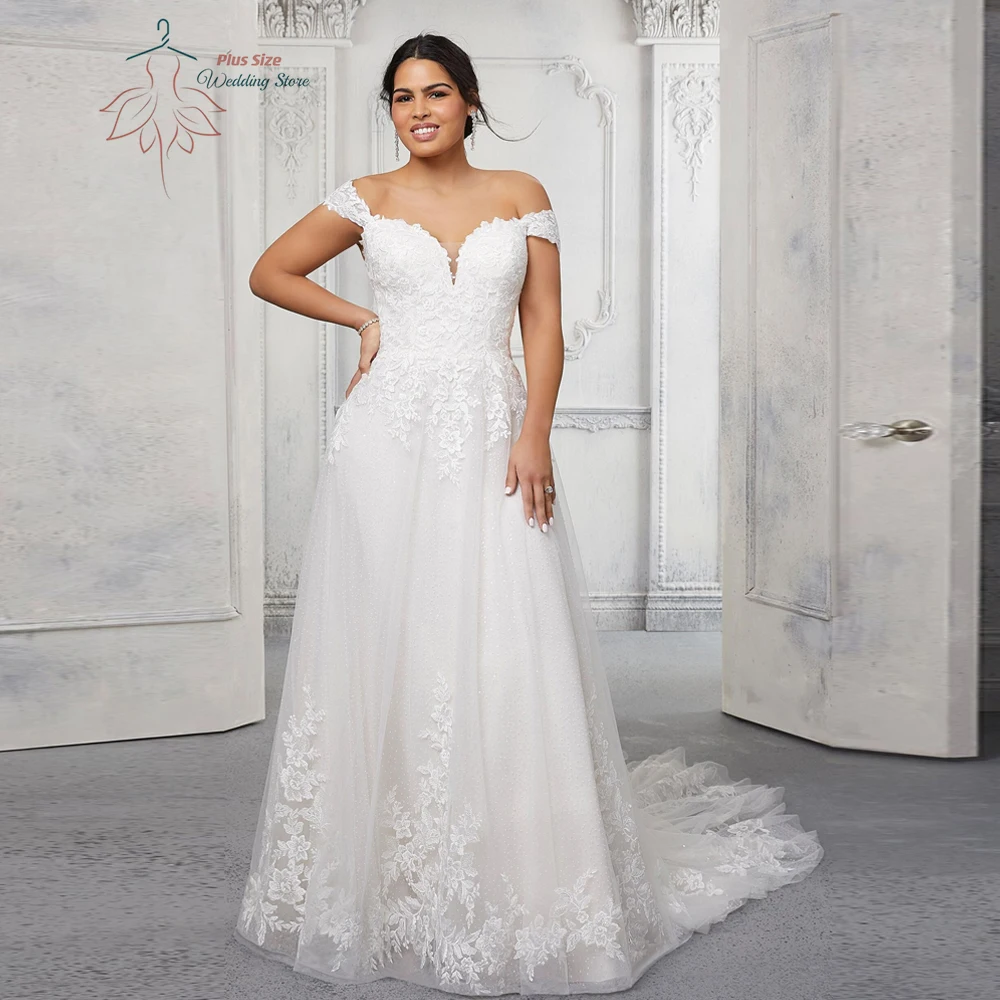 

Classic Sweetheart Neck Wedding Dresses Plus Size Off the Shoulder Bride Gowns Appliques Tulle Sweep Train A-Line Robe De Mariée