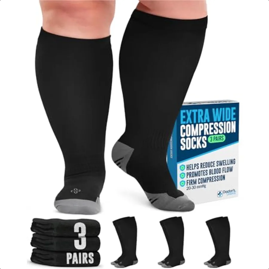 

3 Pairs Plus Size Comprion Socks Wide Calf Up to 6XL 2030 mmHg Comprion Socks for Women Wide Calf Black