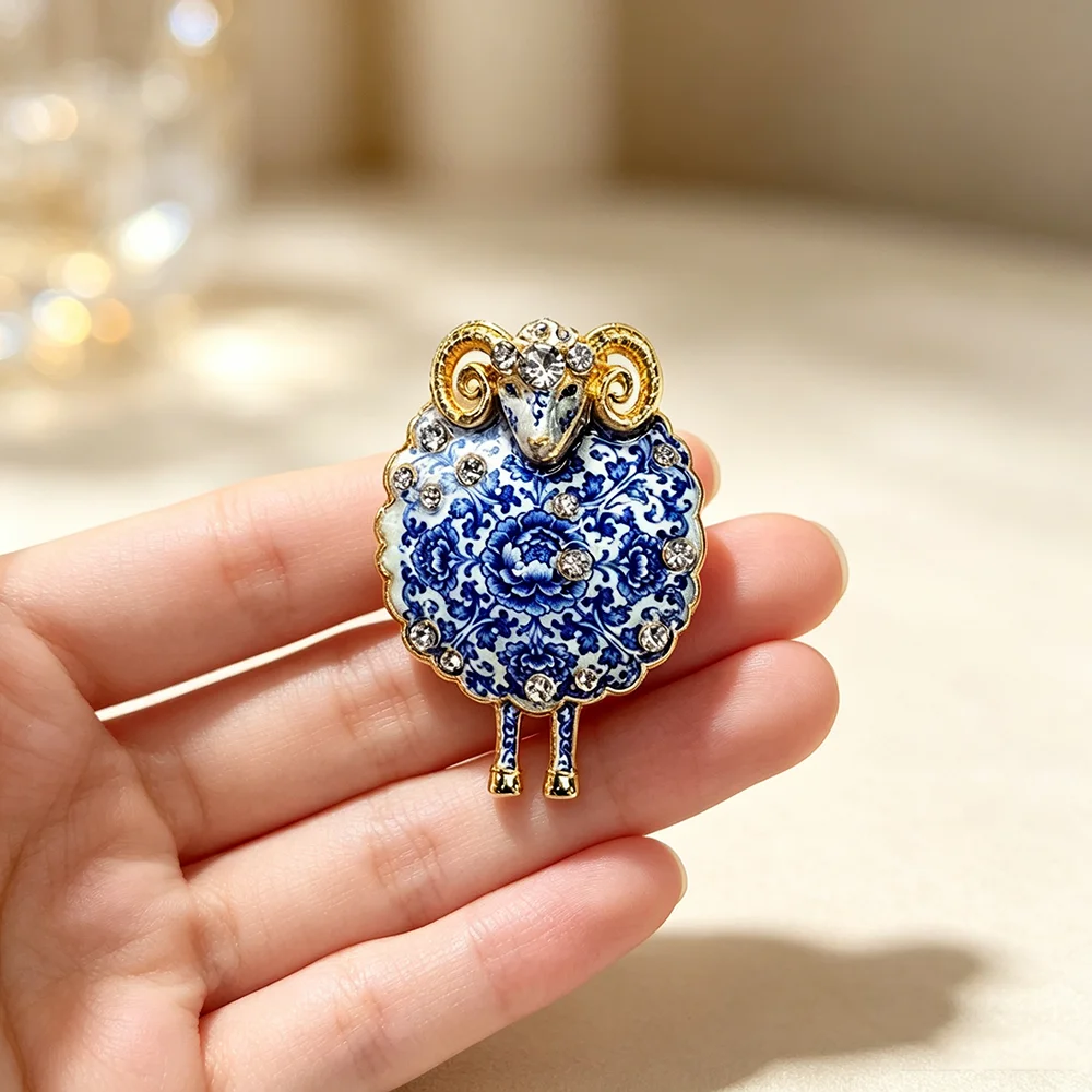 Blue White Enamel Sheep Brooch, Rhinestone Aries Lapel Pin, Vintage Alloy Animal Badge for Women Suit Scarf Coat Jewelry Gift