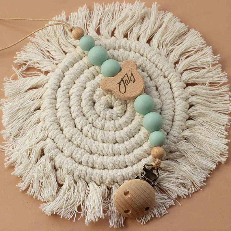Personalisierte Name Holz Baby Schnuller Kette Silikon Perle Schnuller Nippel Halter Schutz Beißring Anhänger Neugeborenen Dusche Geschenk – Detail 6