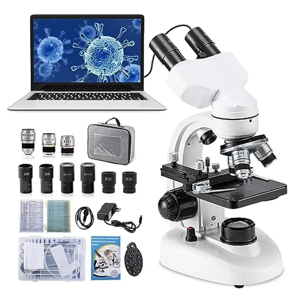 Binocular Microscope 40X-2000X 2.0MP Camera Microscope Prepared Slides 30p Kids Students Digital Compound Wireless Dual-layer