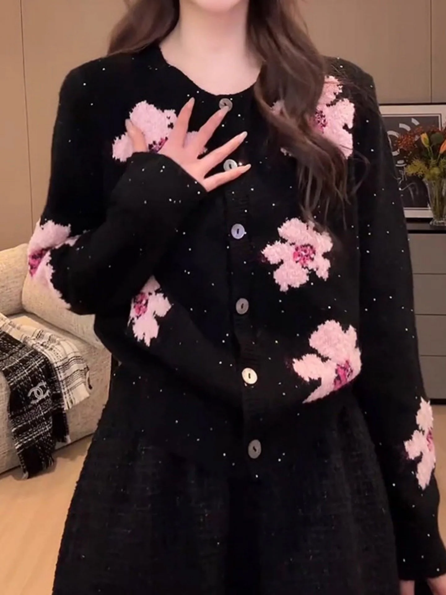 

Модный вязаный кардиган с цветочным принтом для женщин, зимний, с круглым вырезом, в корейском стиле, с длинными рукавами, стандартный крой