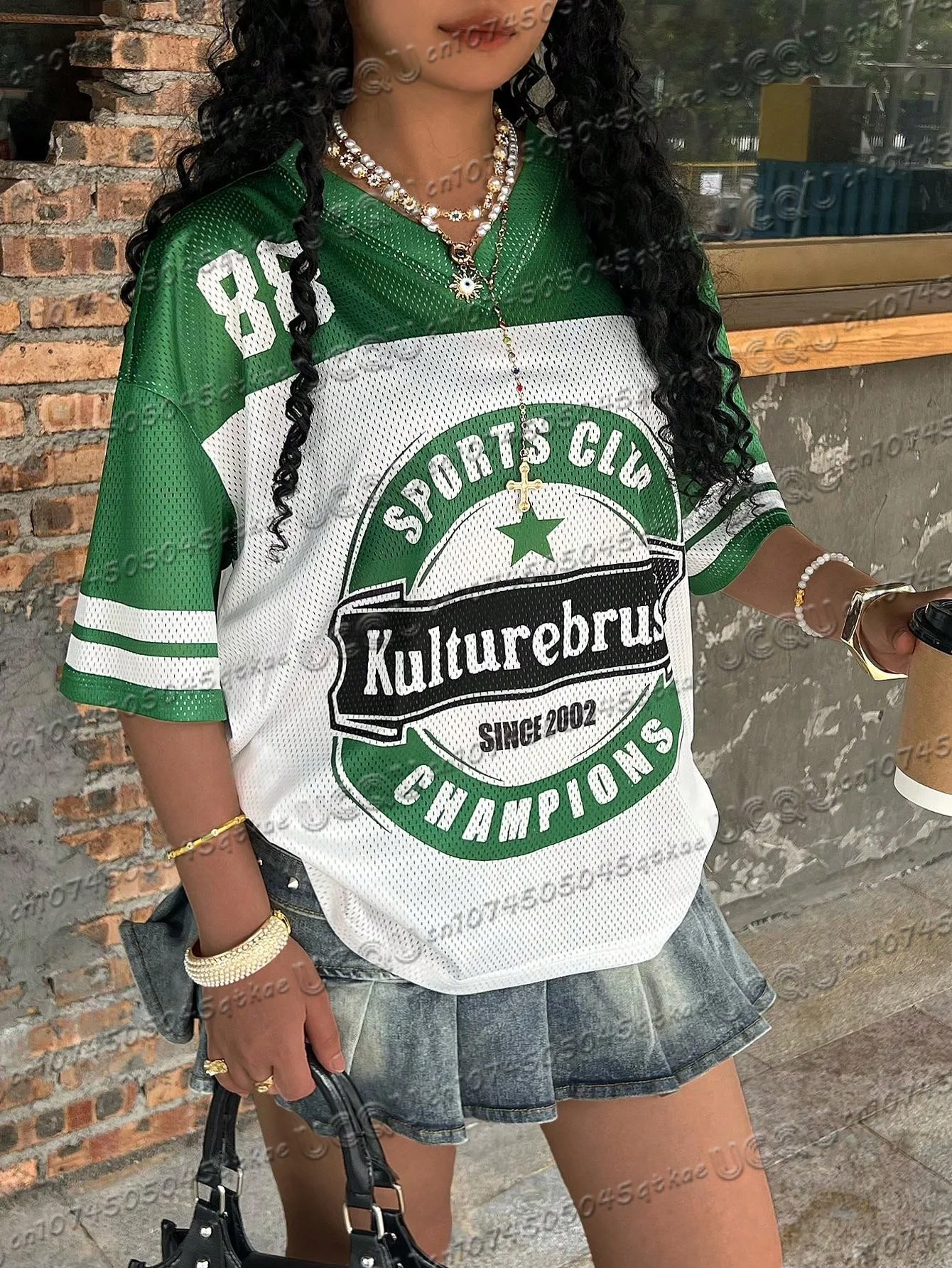 Sommer Frauen Mesh Fußball Sport T-Shirt V-ausschnitt Lose Atmungsaktive Streetwear 3d Brief Muster T Y2k Casual Mode Top