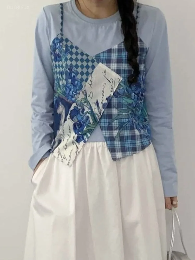 Vintage Fake Two Piece O Neck Long Sleeve Painting Print Irregular Loose All Match Top Female