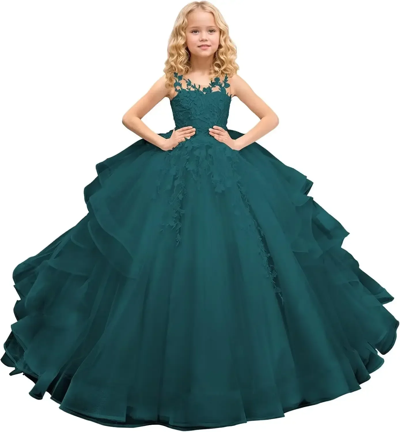 Tulle Princess Sleeveless Pageant Dresses Flower Girl Dress Long Lace Applique Kids Birthday Party Ball Gown Pageant Dresses