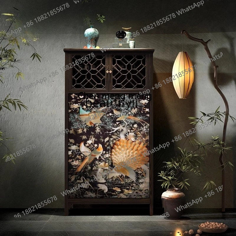 

X Wood Wardrobe for Home Bedroom Storage, Living Room New Chinese Style Floral and Bird Design Sofa Side Chest of Drawers