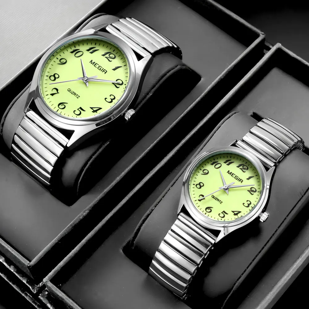 MEGIR1088 Simple Watch Digital Markings Suitable Both Men Women Steel Spring Elastic Band Quartz Watch Gift for Elderly Couples