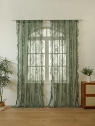 Green Lace Curtains 84 Inches Long 1 Panels Set, Boho Sheer Florals Scallop Ruffle, Shabby Chic Vintage Window Treatment Pair