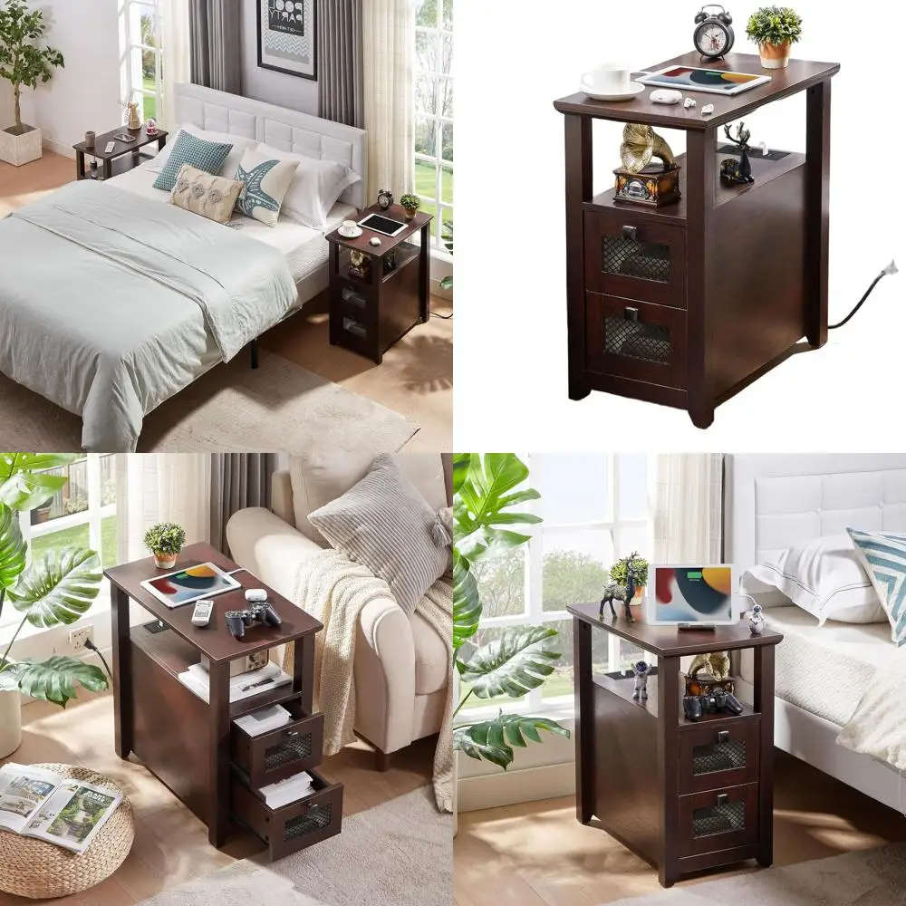 

Прикроватная тумба-зарядная станция, тумбочка в деревенском стиле из вишневого дерева с USB-портами и розетками, ящики для хранения для гостиной или спальни