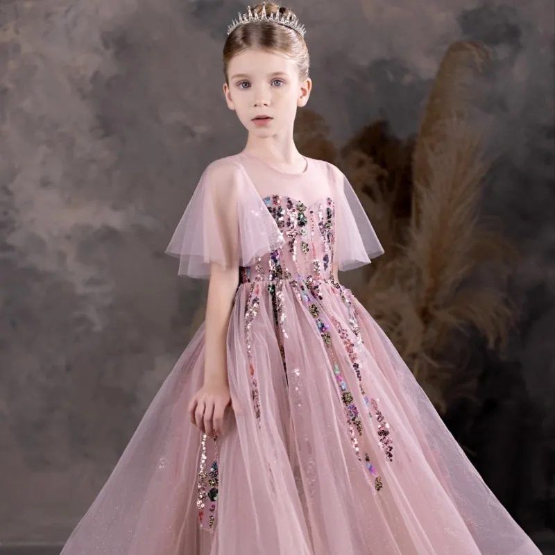 Jill Wish Luxury Pink Flower Girl Dresses Beading Sequined Princess A-Line Gown for Kids Wedding Birthday Party Pageant J126