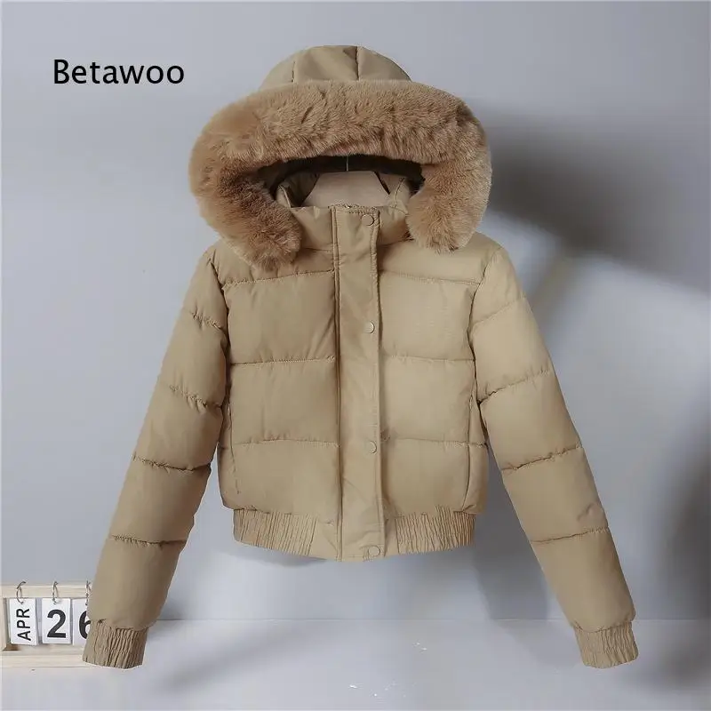 Womens Winter Short Padded Coat Thickened Cotton Jacket Korean Style Loose Hooded Outerwear Cropped Warm Overcoat For Petite Fi
