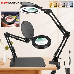 5X 10X Desk Magnifying Glass with Light and Stand 3 Color Modes Stepless Dimmable LED Table Light with Clamp for Reading Repair