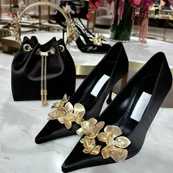 2024 Black Silk Design Heels Women Gold Metallic Flower Decoration Women Pumps Sexy Pointed Toe Fine High Heel Party Dress Shoes