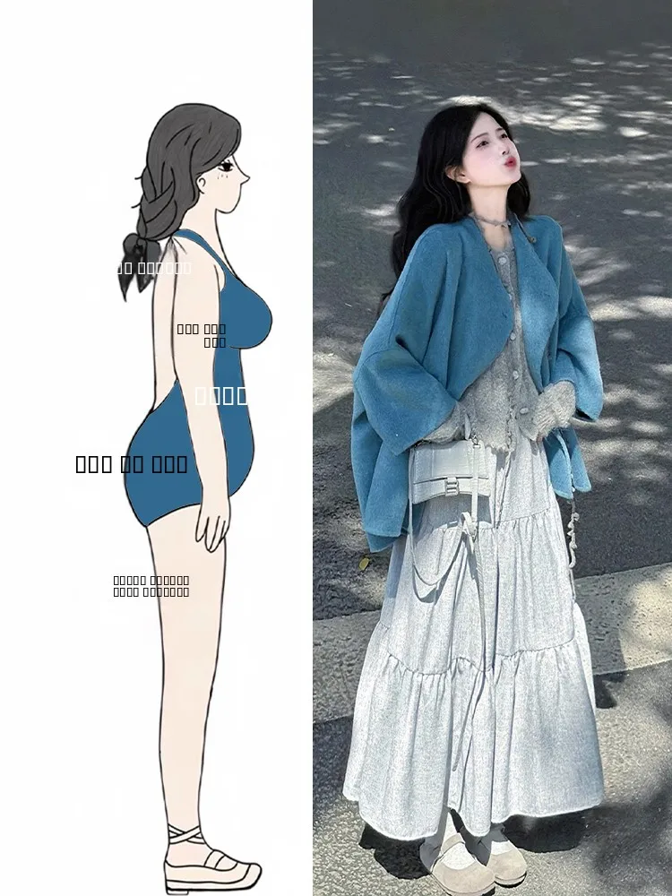 

Blue Woolen Coat And Skirt Set plus Size Women's Faion Winter Outfit Tee Pieces Casual Sle High Waist Flattering Look