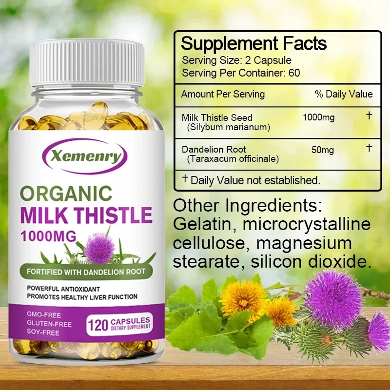 Milk Thistle Capsules 1000 Mg Silymarin & Dandelion Root for Liver Health, Cardiovascular Protection, Antioxidant Detox Support