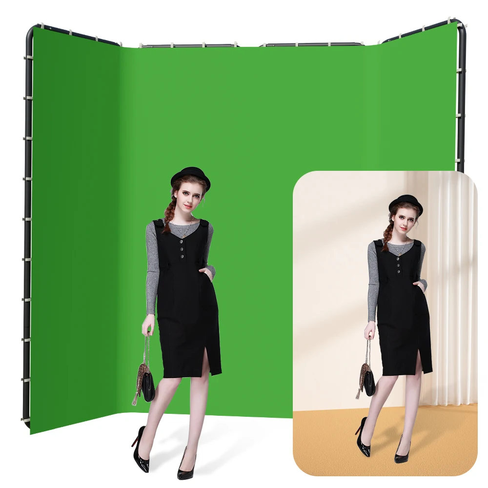 Background Stand 240CMx400CM with Green Screen Wall and Clip Photography Backdrop Frame For Living Video Recording Changing Room