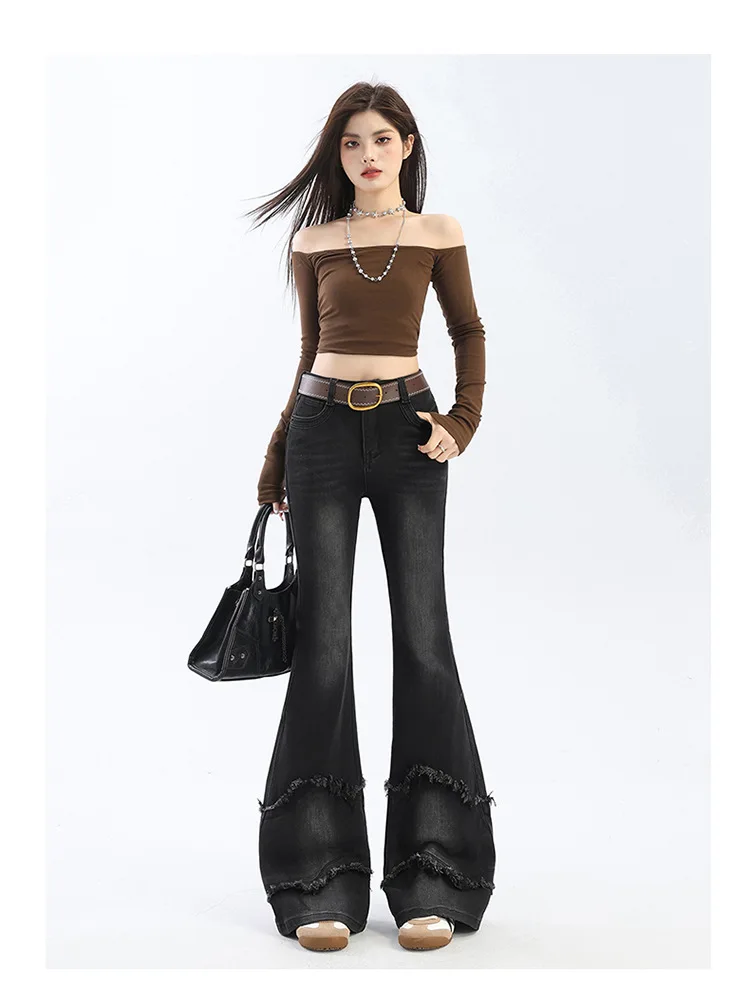 

Hot Girl Micro Flared Jeans for Women Early Spring 2026 New Style With Tassel and Fringed Edges Patchwork Horseshoe Pants