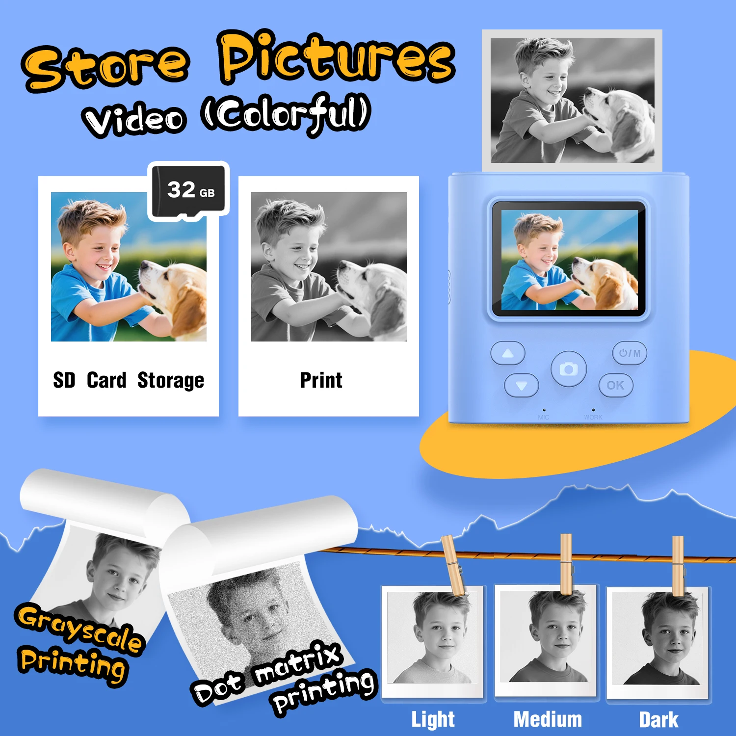 INOCTI Cámara de impresión instantánea para niños, cámara digital, tres papel de impresión y tarjeta 32G, para niñas y niños, regalos de cumpleaños de Navidad