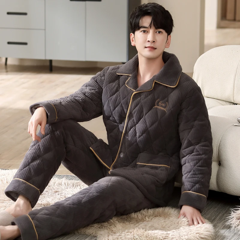 Winter Thick Quilted Men Coral Fleece Pajamas Sets of Sleep Tops & Bottoms Male Flannel Warm Sleepwear Thermal Home Clothing