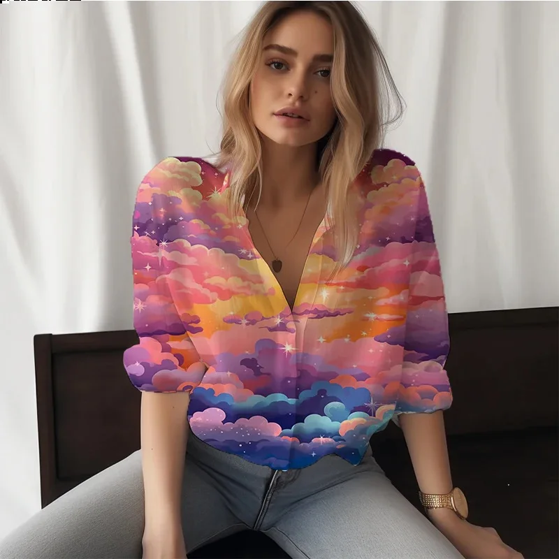 Spring And Autumn Fashion Xiangyun 3D Digital Printed Long Sleeved Office Shirt Elegant Women's Collar Button Trendy Blouse 3XL