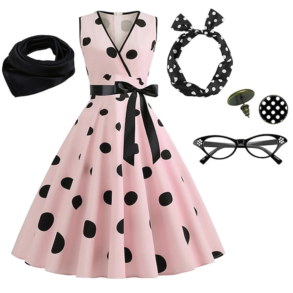 Women's Rockabilly Dress Polka Dots Swing Flare Dress with Accessories Set Earrings Headband Glasses Dress