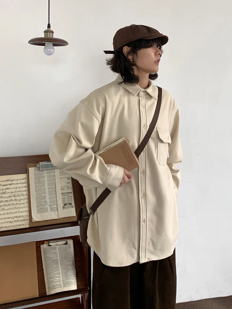 Vintage Cargo Shirt Men Women Japanese Loose Lapels and Long Sleeves Thickened Solid Color Casual Coat Harajuku Unisex Tops New