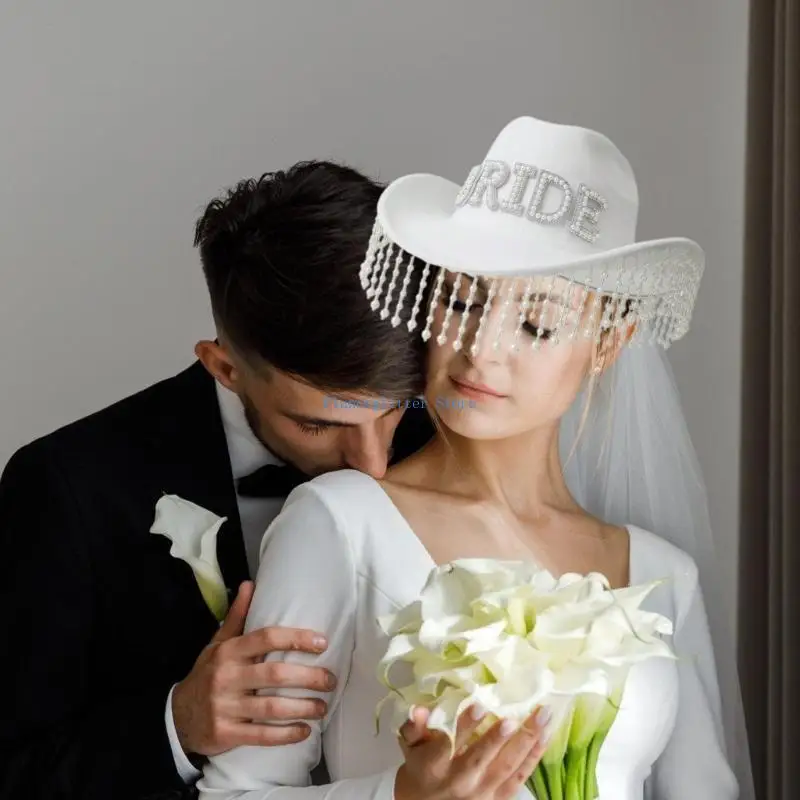 652B Fringed Bead Cowboy Hat for Women Roll Brims Role Playing Cowgirl Hat Wedding Party Props Hat Bachelorette Dress Up Hat