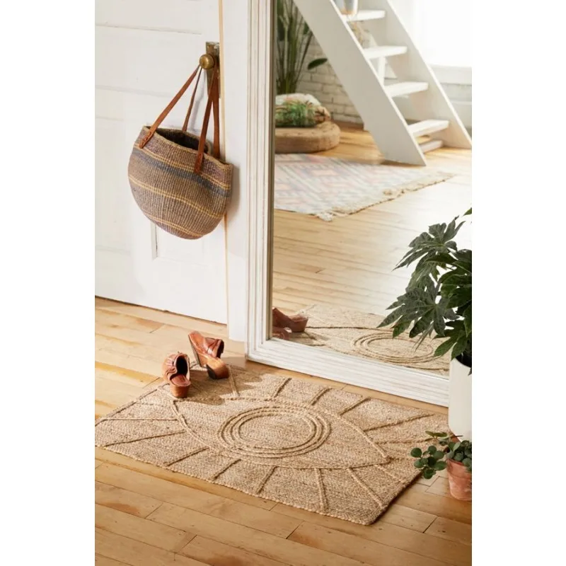 Rug Jute Reversible Braided Style Area Rug Eyes Design Modern Living Area Carpet