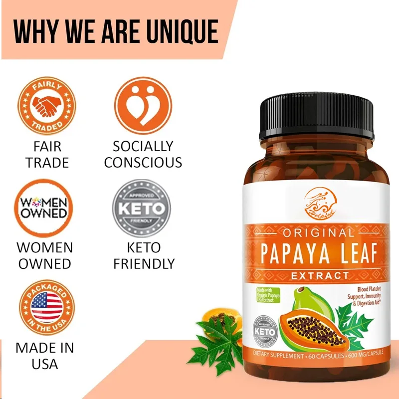 Papaya Leaf Extract Digestive Enzyme 60 Vegetarian Capsules Blood Plate, Bone Marrow, and Robust Support Immune Intestine