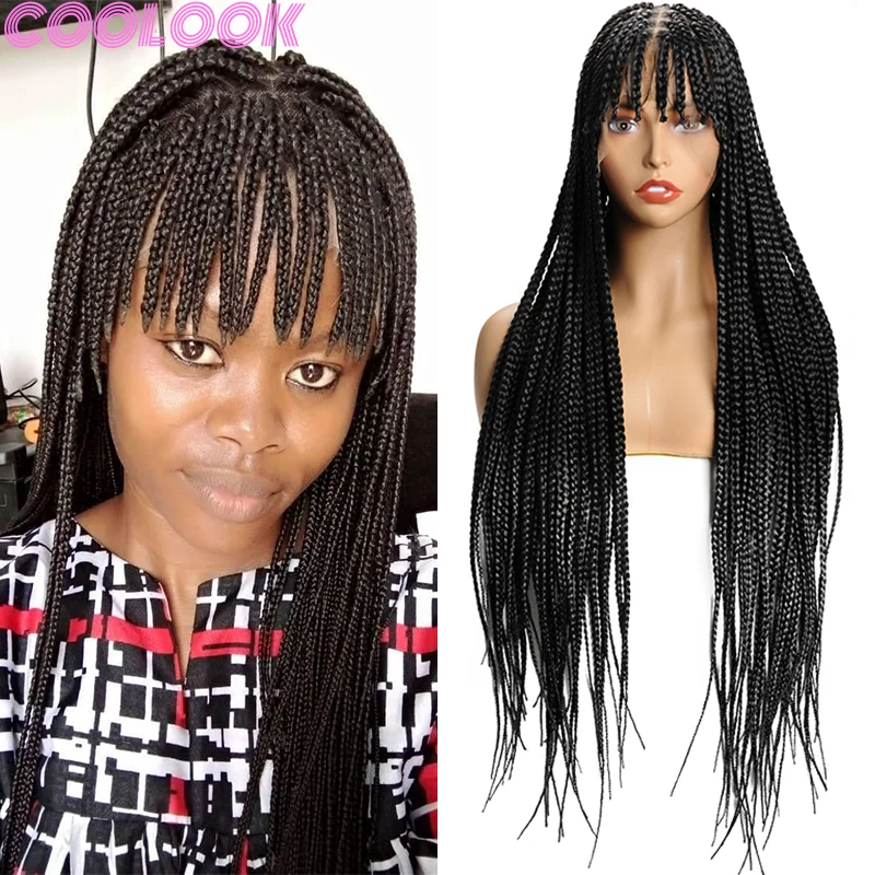 Synthetic Box Full Lace Front Braided Wig 32inch Heat Resistant Braids Wig Fringe with Bangs Cornrow Lace Frontal Wigs for Women