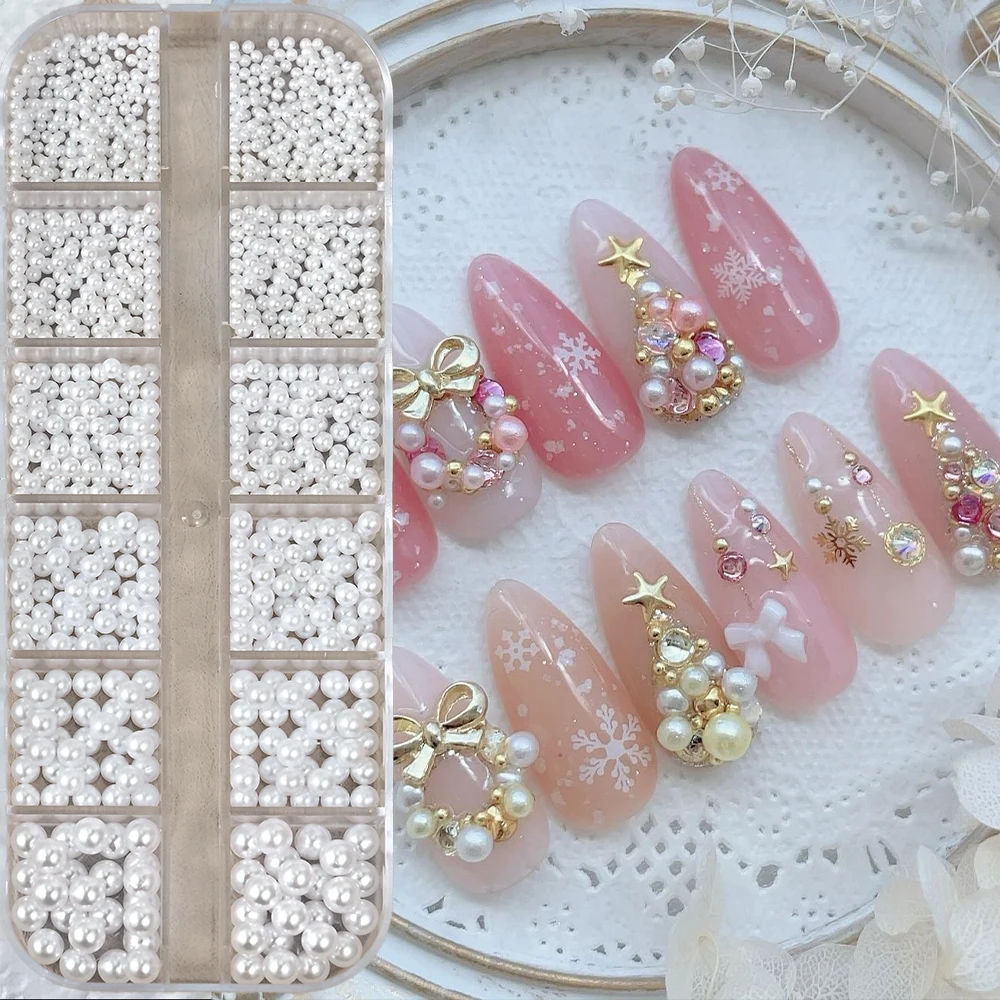 

12-Grid White Round Pearl Christmas 3D Nail Charms 1.5/2/2.5/3/4/5mm Pearls Ball Nail Rhinestone Pearl Caviar Bead Xmas Nail Dec