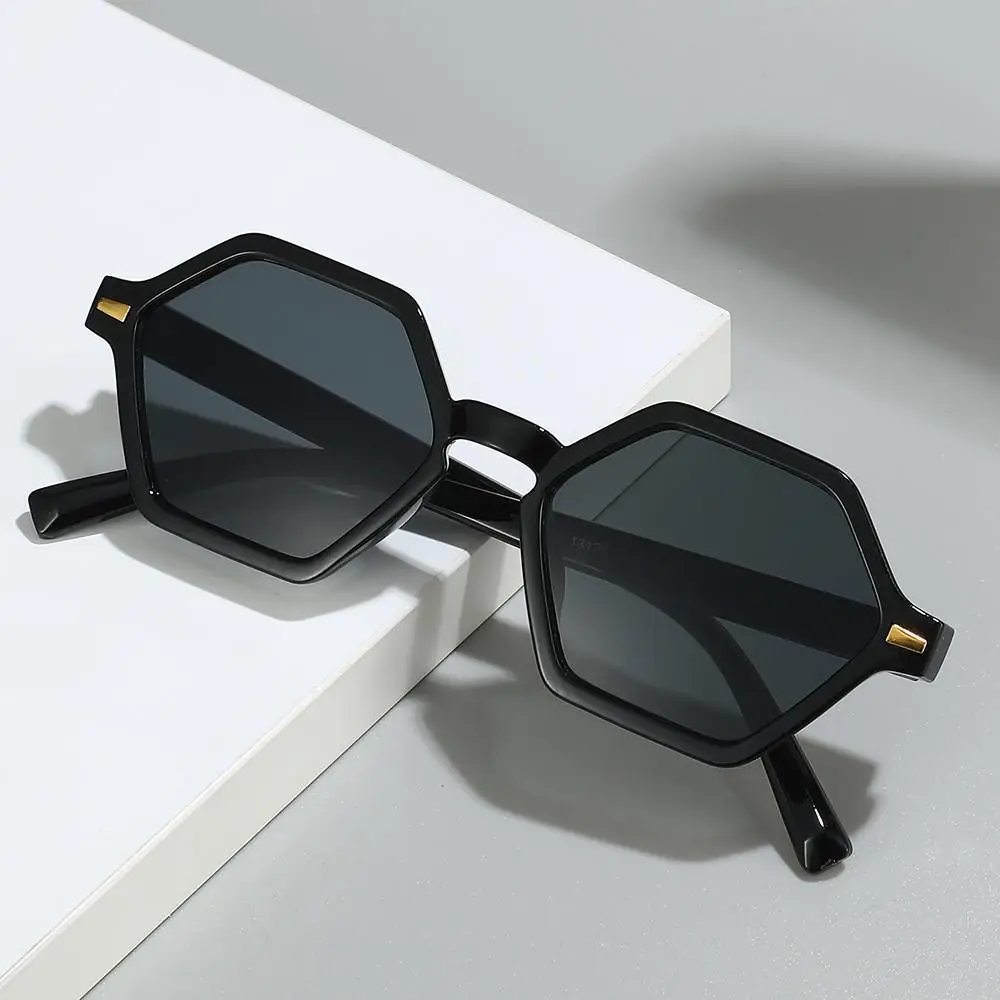 재미있는 육각형 소형 프레임 선글라스, 힙합 스타일, UV400 리벳 장식, 음영 레오파드 블루 안경, 남녀 공용