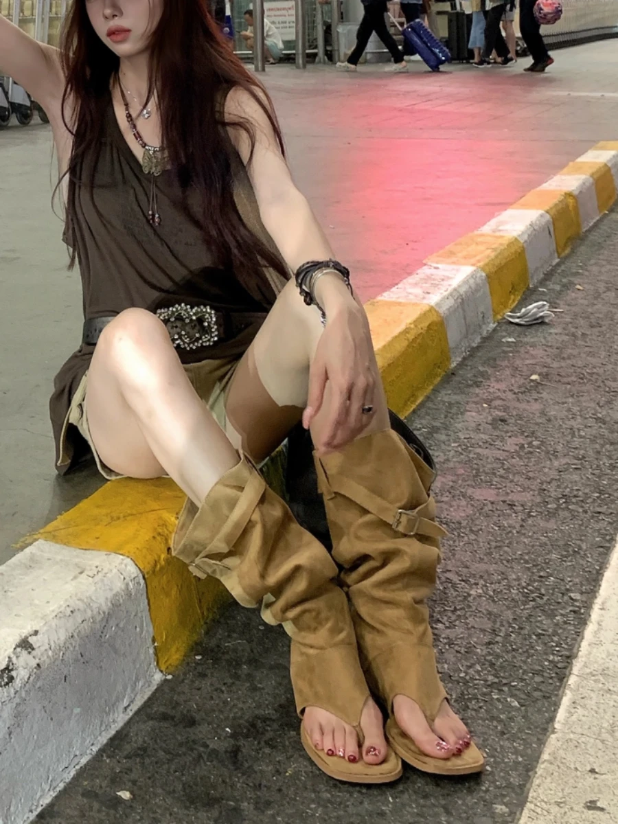 2026 New Western Cowboy Boots Summer Hot Girl Toe-Open Clog Boots Two-Way Wear High Tube Boots Korean Style Fashion Boots