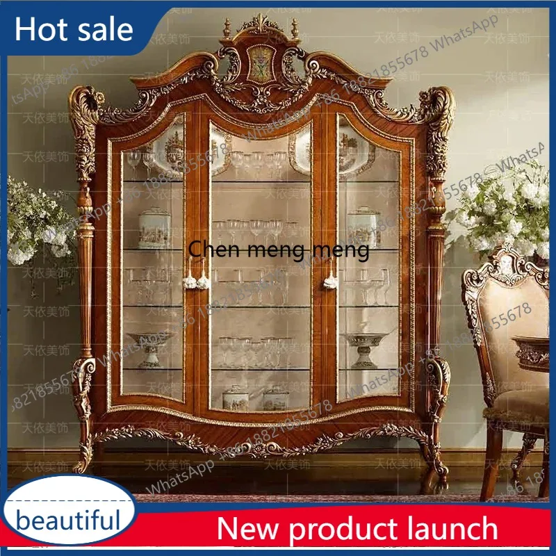 

M46 European style three-door solid wood carving retro living room collection display cabinet American tracing gold wine cabinet
